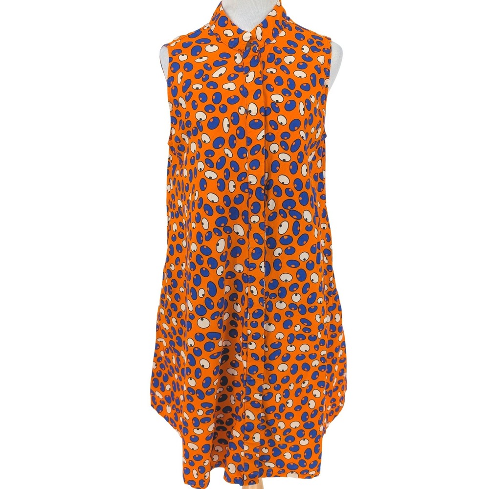 Zuri Kenya Shirt Dress Women M Orange Blue Abstract Eye Print Sleeveless Artisan